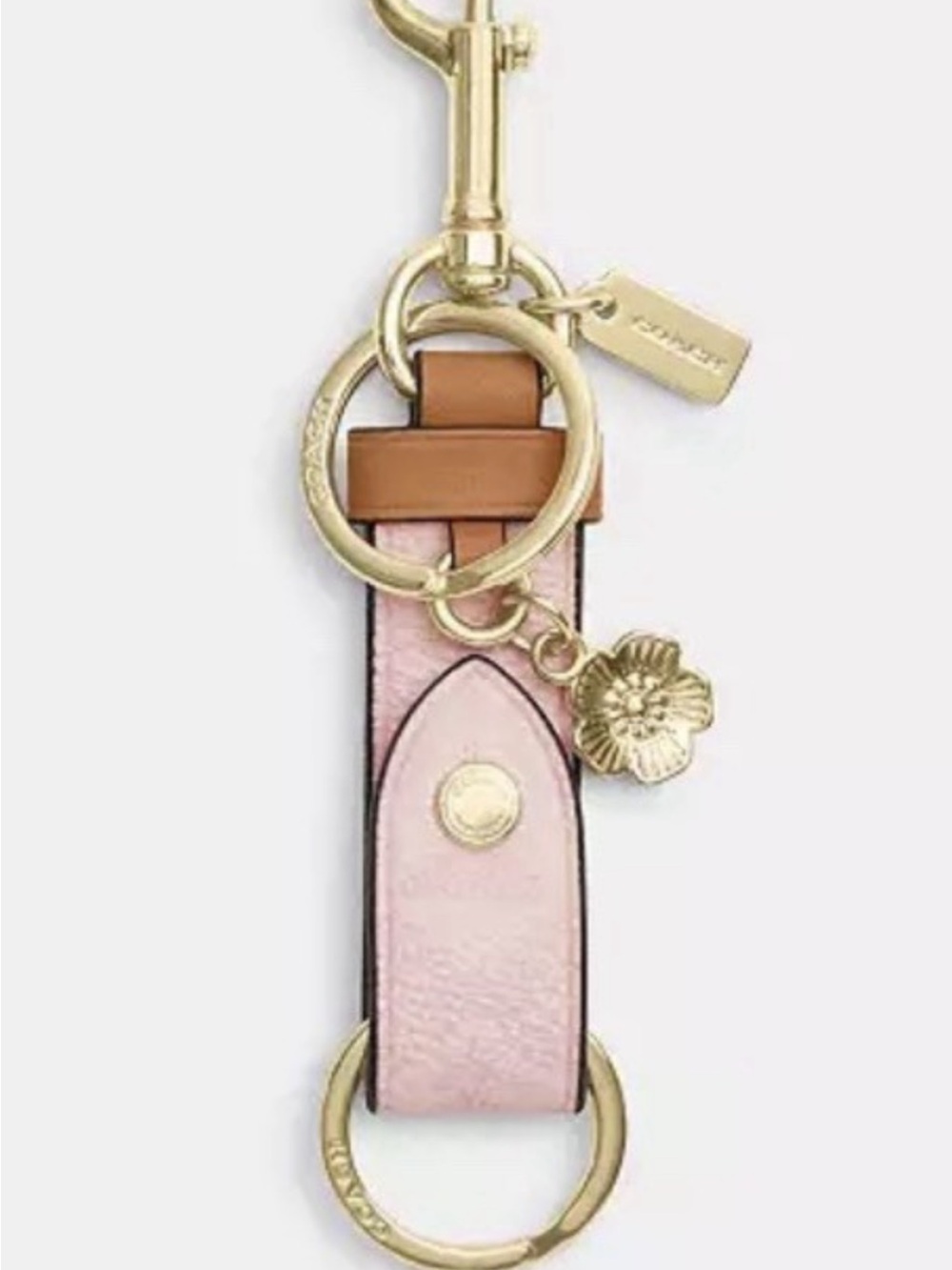 Coach Pink and Tan Leather Key Fob with Gold Flower Charm- Used